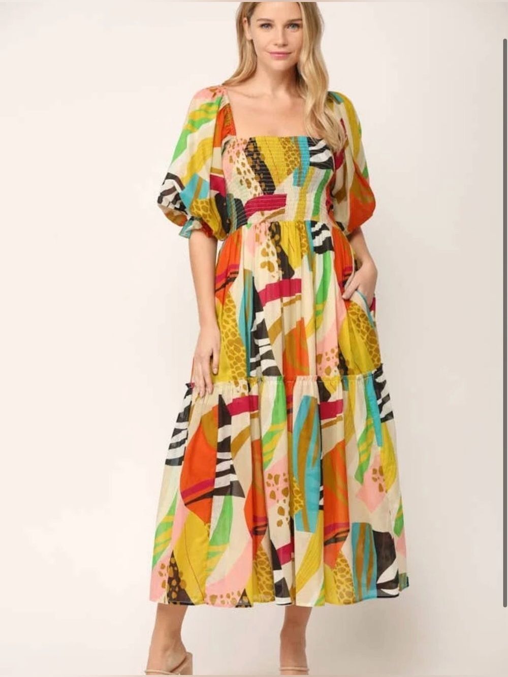 FATE Women's Multi-Color Printed Puff Sleeve Maxi Dress; Size Small